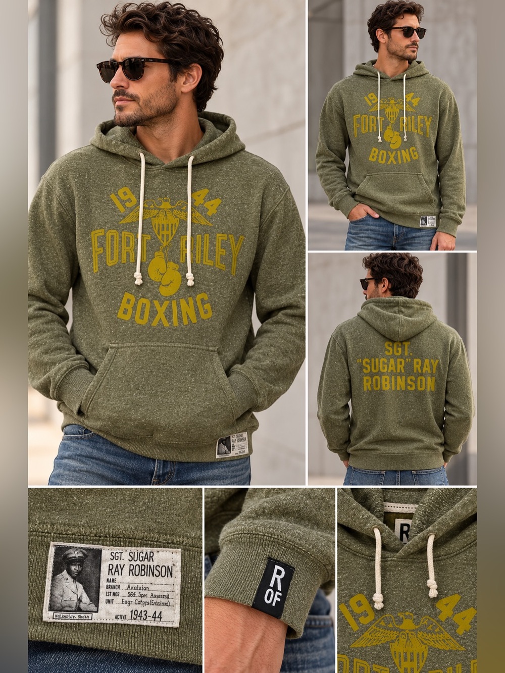 ROF Fort Riley Boxing Sugar Ray Robinson Military Graphic Hoodie M Olive